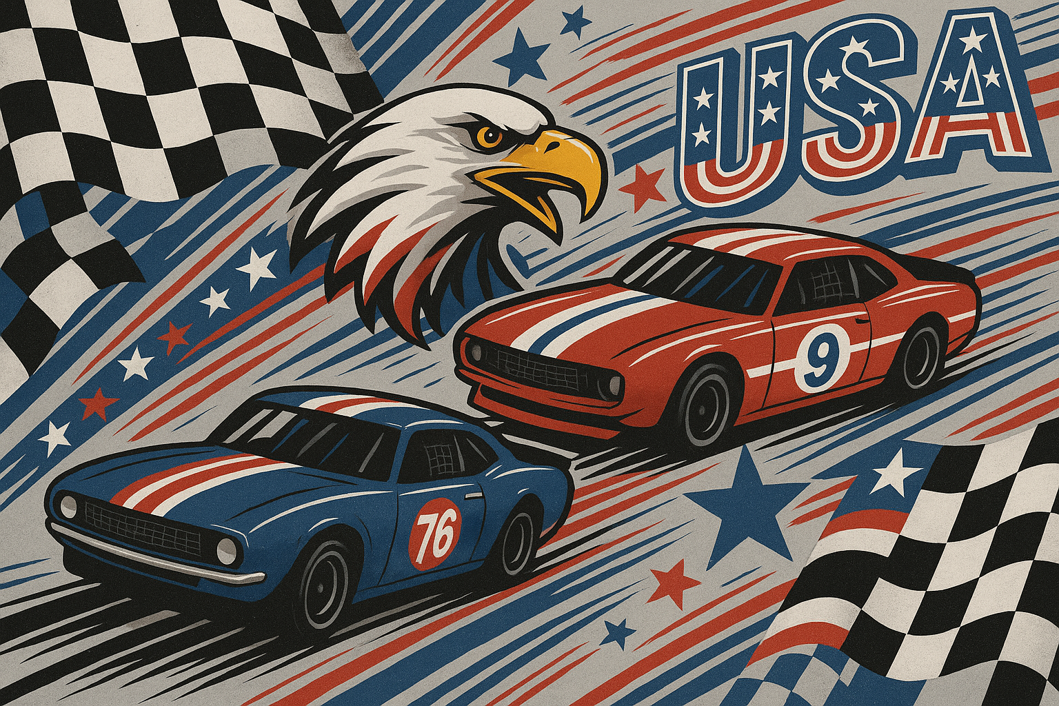 Gray base with chequered flag and racing theme. Make it america